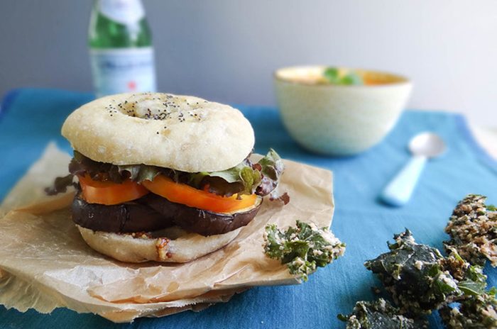 eggplant tomato bialy sandwich