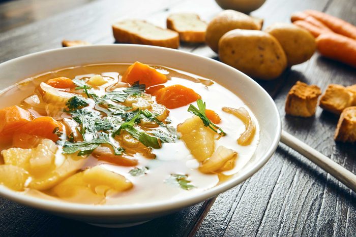 A fresh, colorful bowl of vegetable soup.
