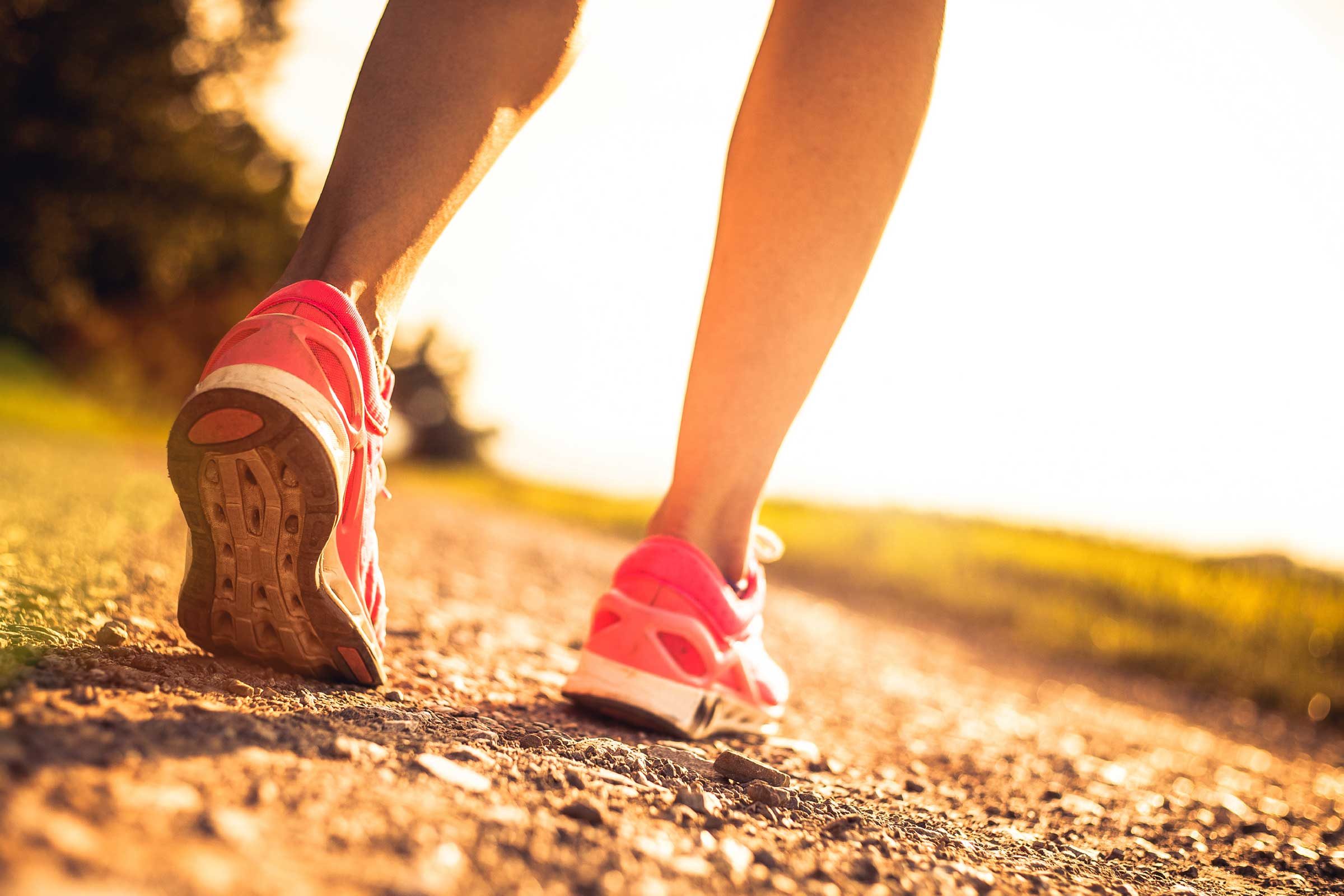 Closeup of person's feet in sneakers.