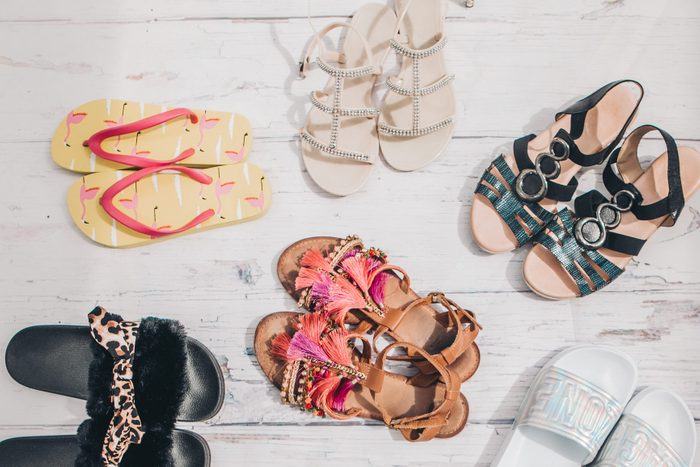 overhead shot of various sandal shoes