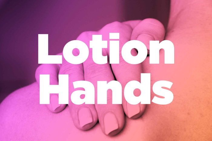 Words "lotion hands" over image of hands rubbing shoulder
