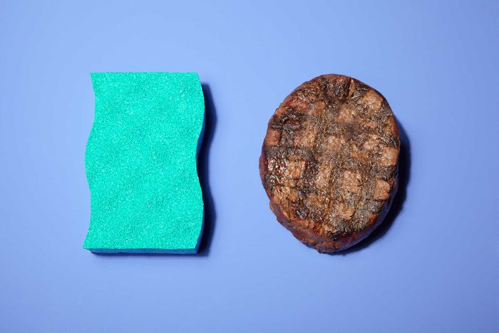 Illustration of portion control trick: dish sponge and burger