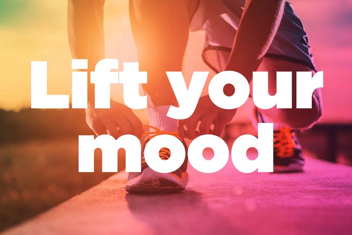 Text on background image of runner: "Lift your mood."