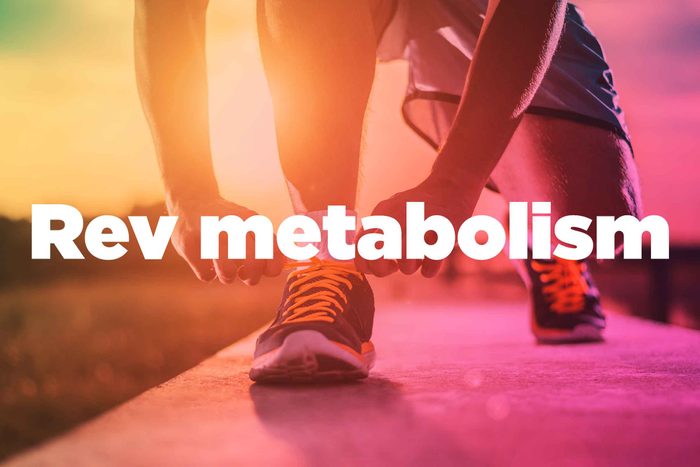 Text on background image of runner: "Rev metabolism."