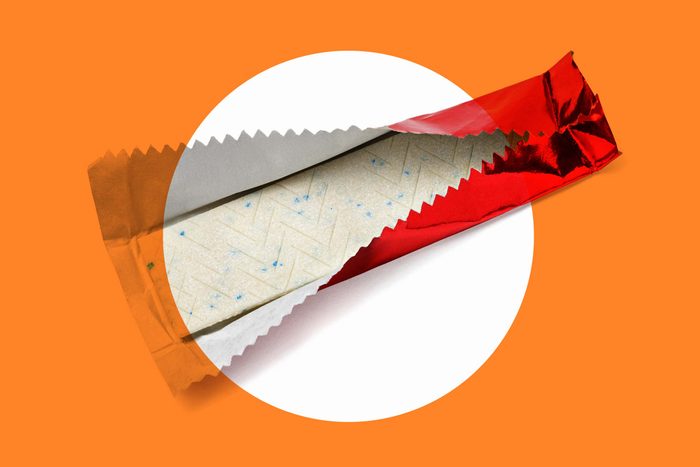 half-open foil-wrapped stick of gum