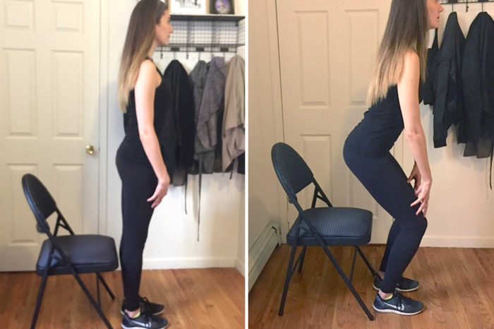 Woman in exercise gear sitting and standing.