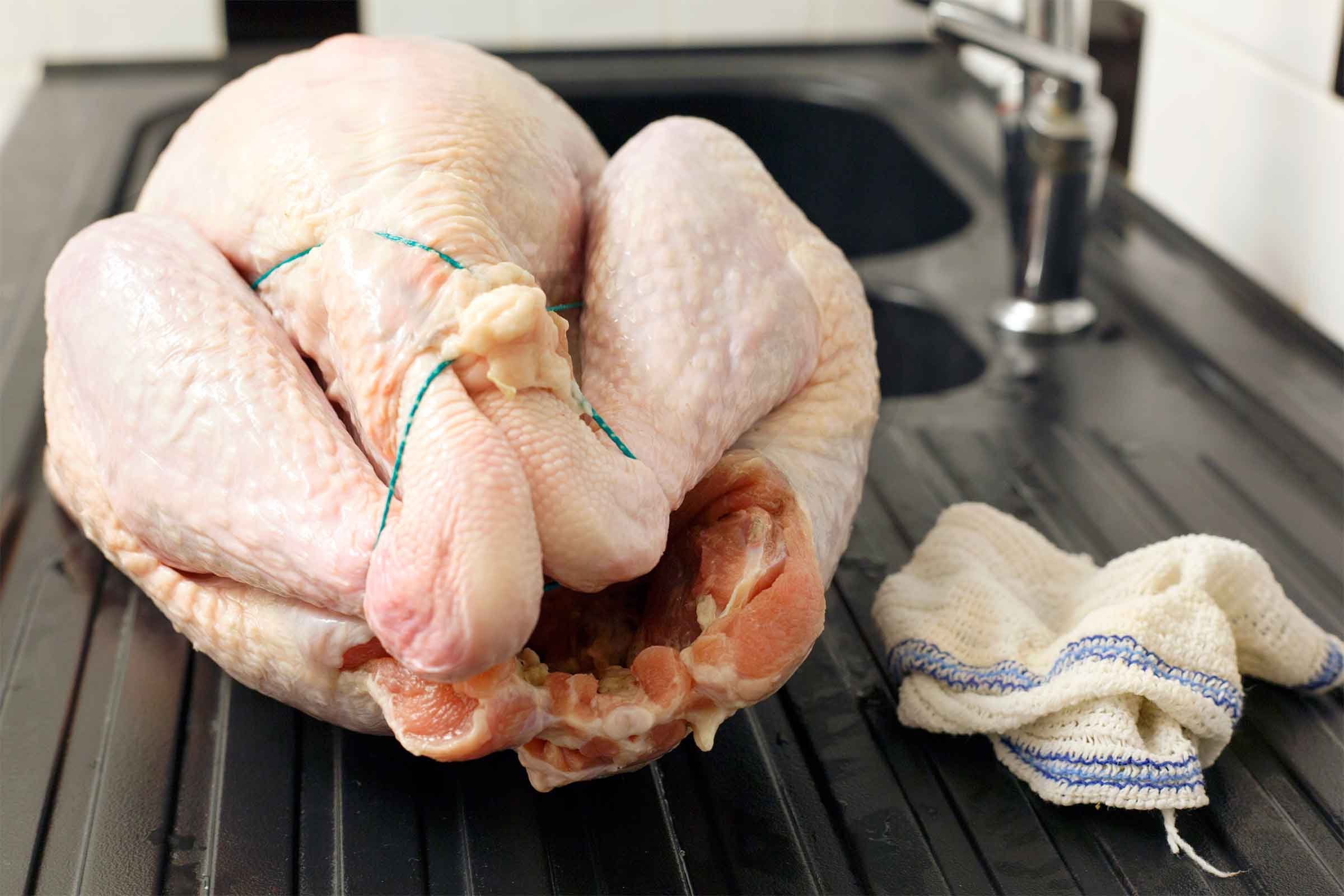 raw trussed turkey next to a sink