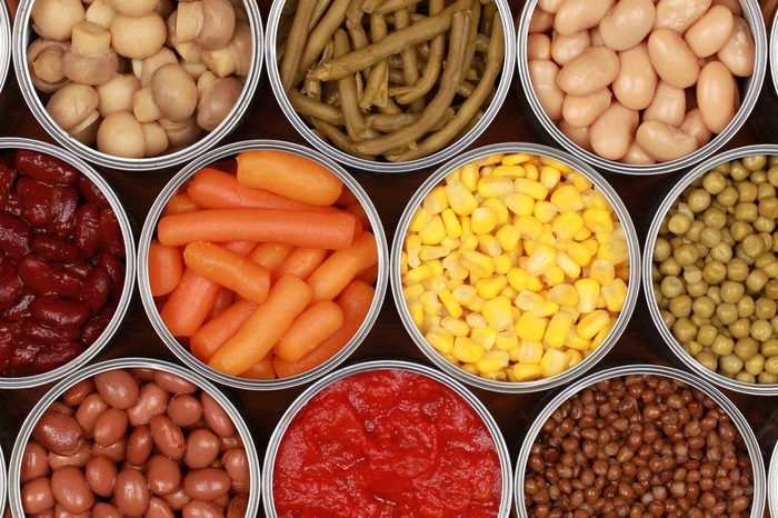 Cans of dried vegetables like carrots, mushrooms, green beans, beans, corn, peas, and beets.