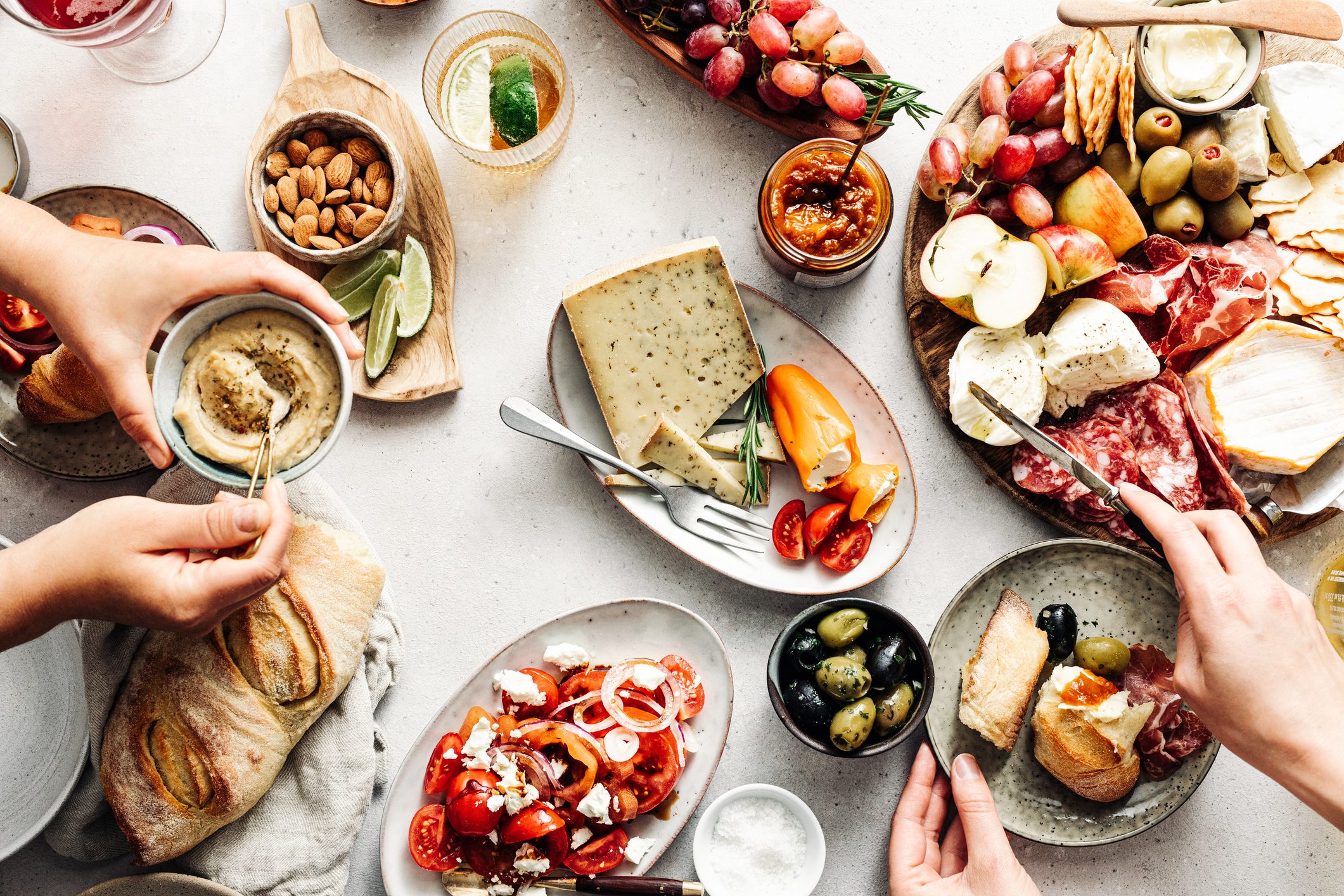 overhead shot of mediterranean food on table