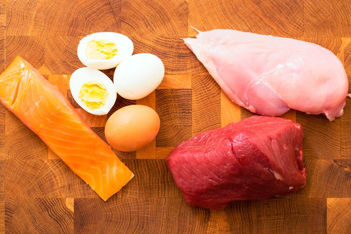raw salmon, chicken, and beef; hard-boiled eggs
