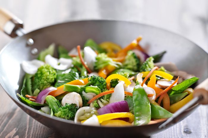 vegetable stir fry in a wok