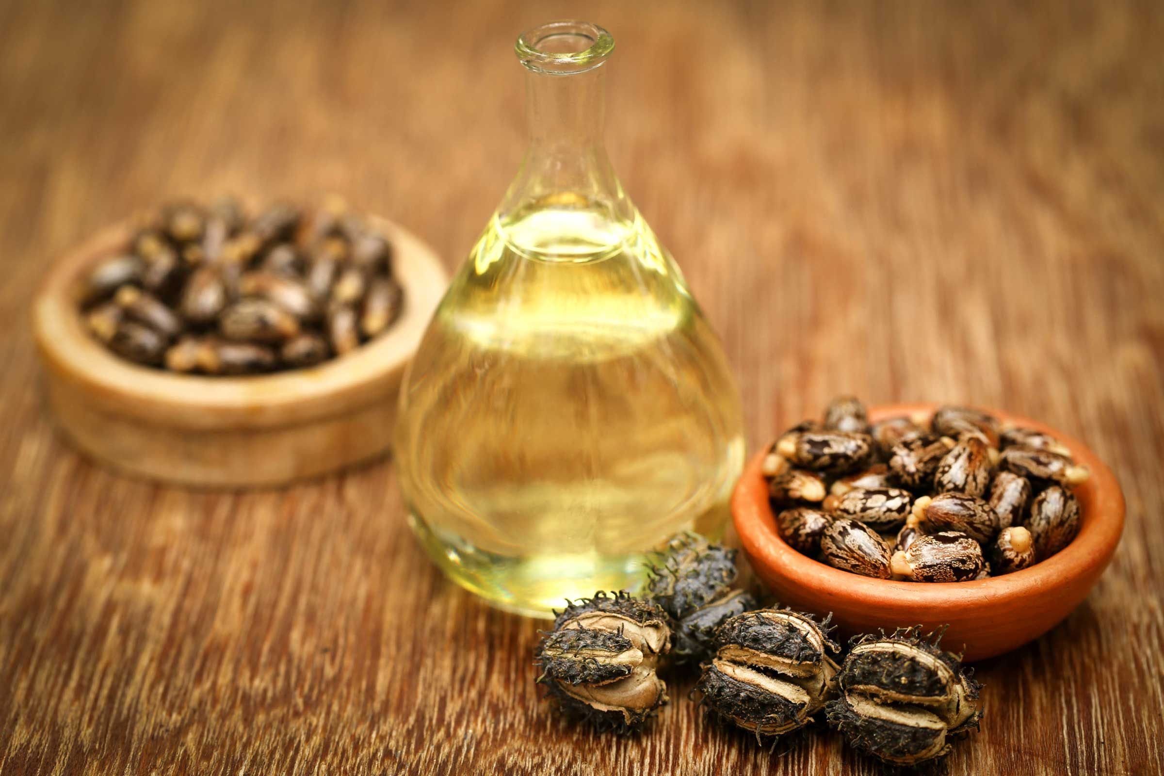 castor oil in a bottle next to bowls of castor beans