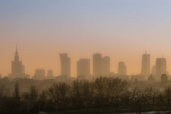 skyline shot of a smoggy city