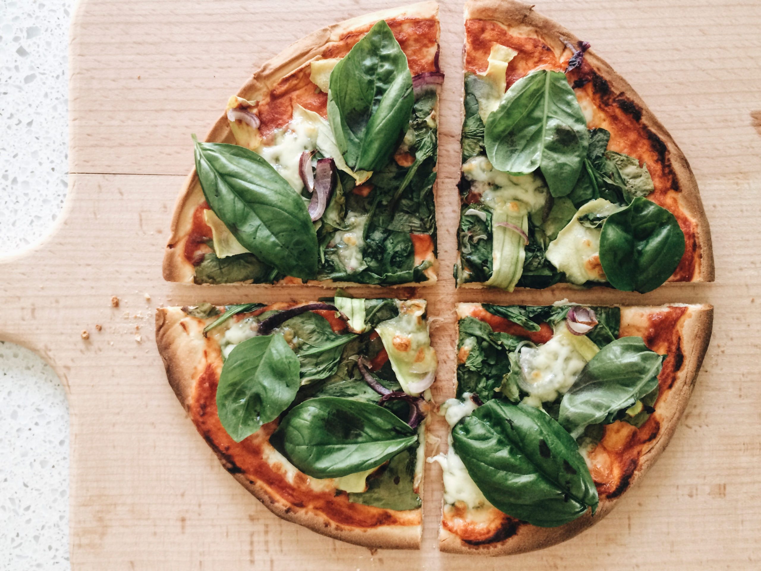 overhead shot of veggie pizza