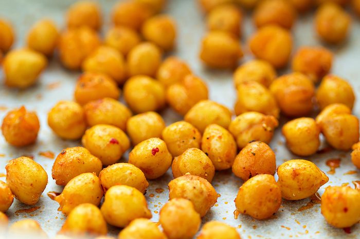 roasted chickpeas on a baking sheet