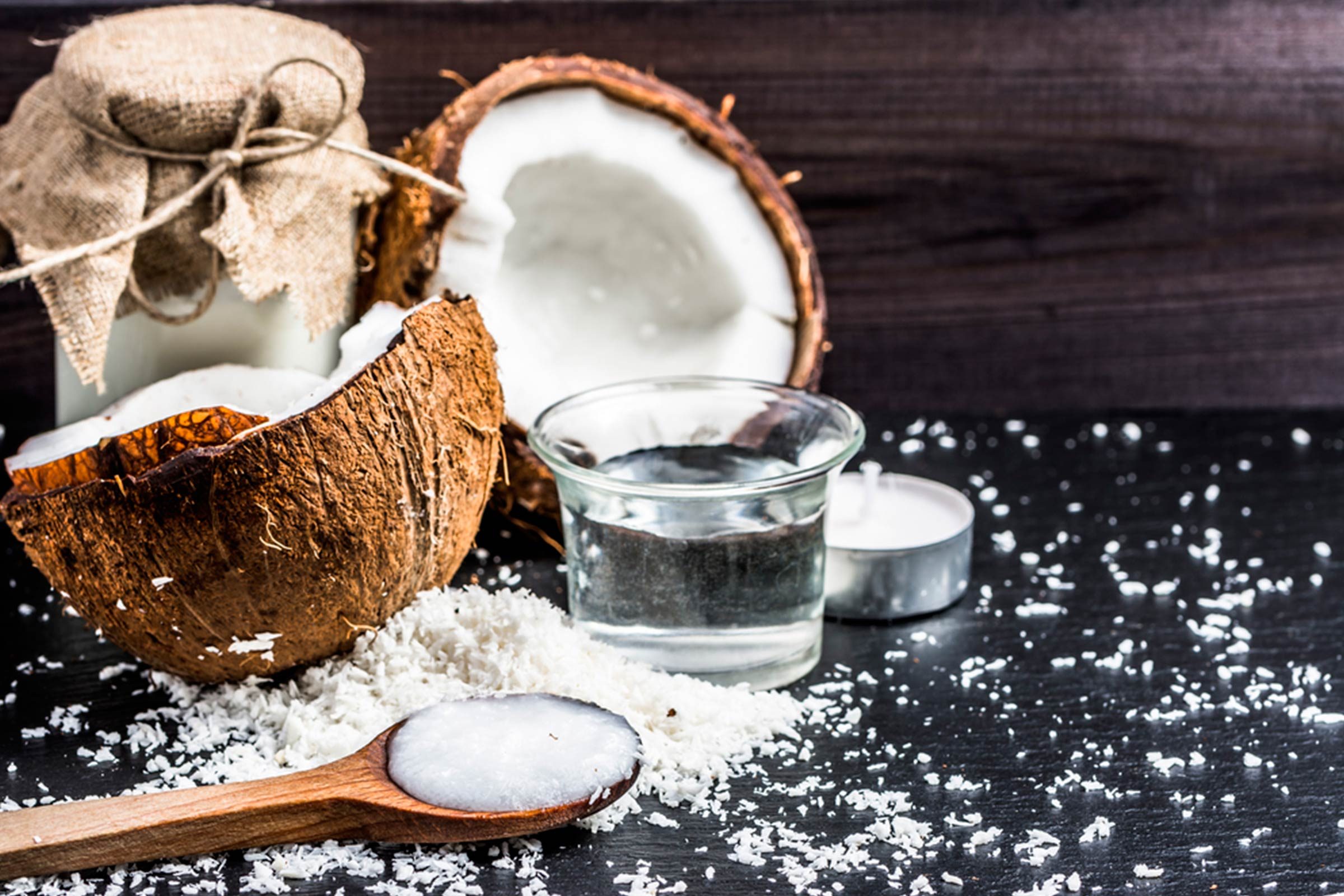 coconut halves with shredded coconut