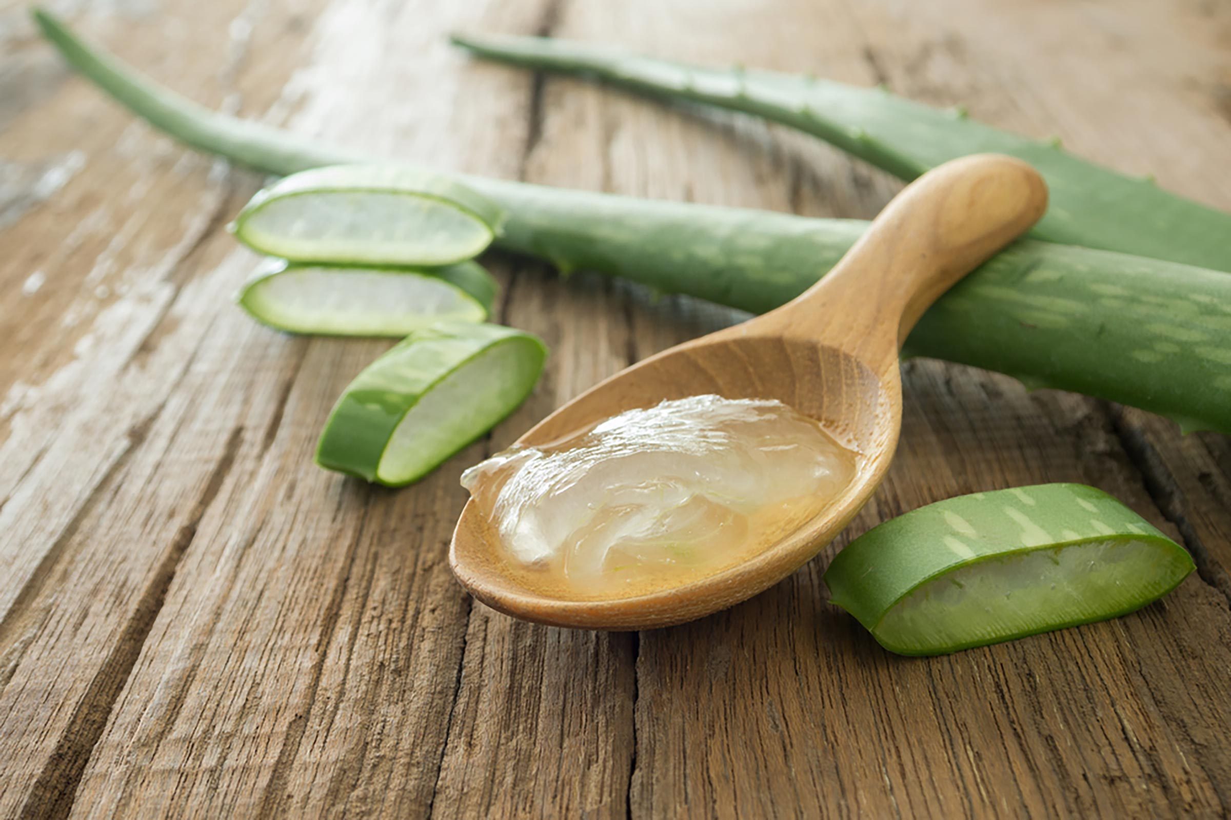 Aloe plant cut up, wooden spoon of aloe