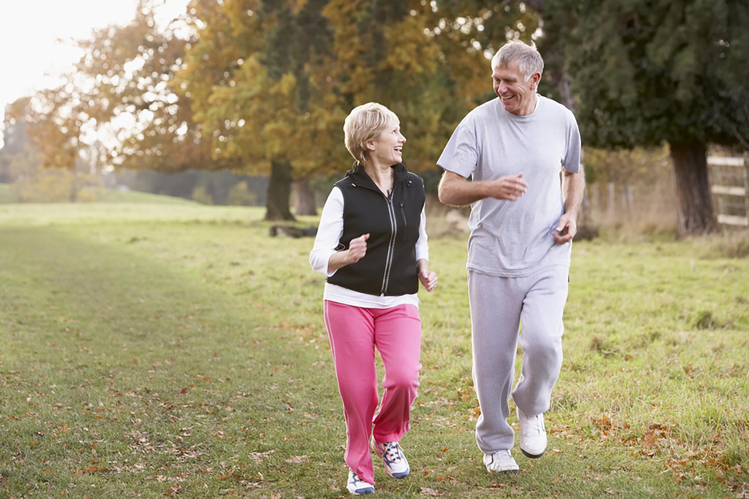 Elderly couple walking outdoors in a field