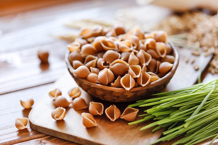 Bowl of uncooked pasta.