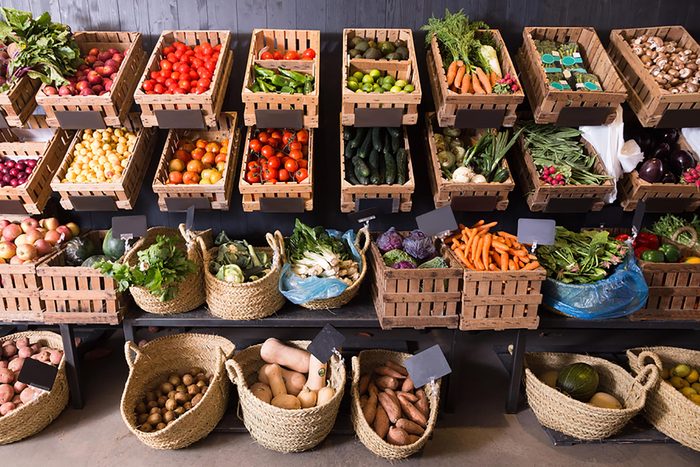 Baskets of produce at the farmer's market.
