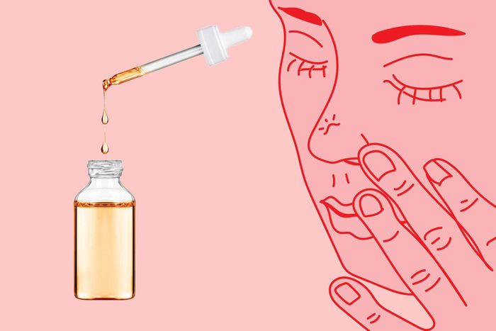illustration of a person touching their nose with photo of dropper and bottle