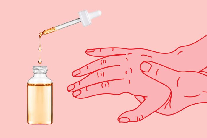 illustration of a person holding their hand with photo of dropper and bottle