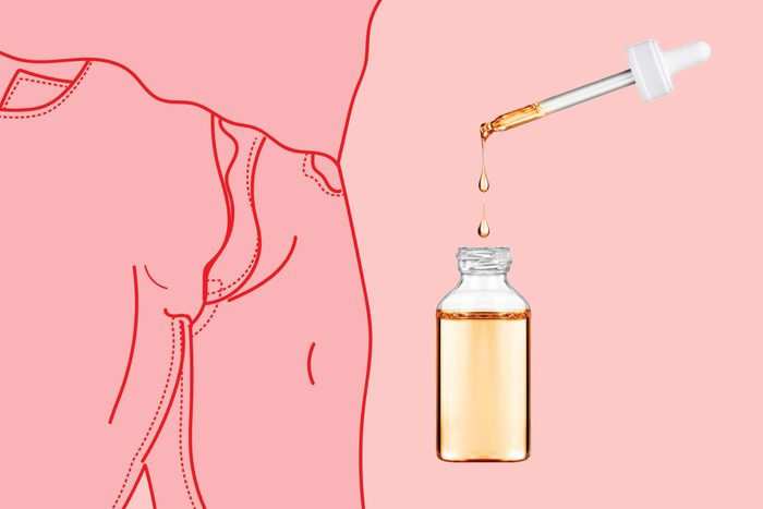 illustration of a clothed crotch with photo of dropper and bottle