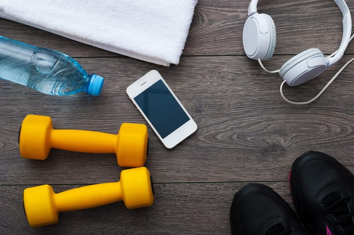 Sport. Outfit for exercises. Equipment for good training on wooden background