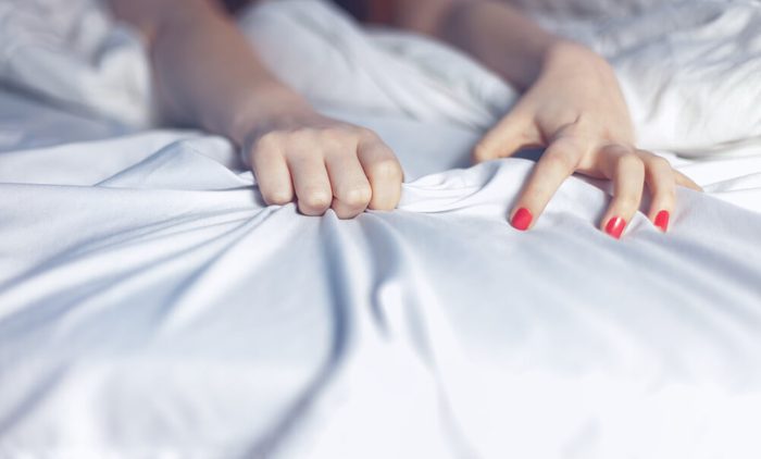 Passion, girl grabbing white sheet, crease, color