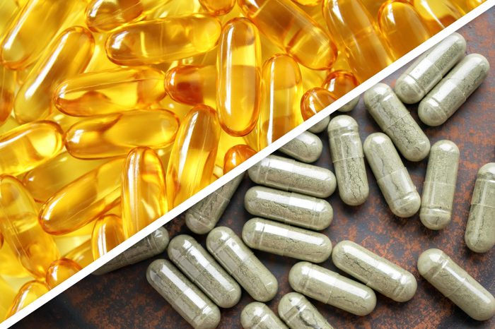 fish oil capsules next to green capsules