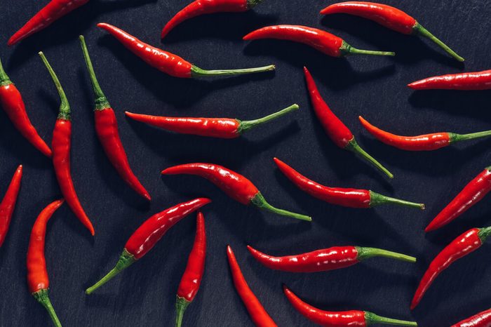 Red chili pepper on slate plate.The view from the top.