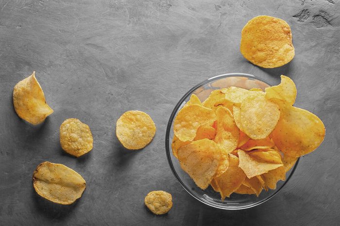 glass bowl of potato chips