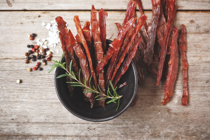 Beef jerky strips in a bowl