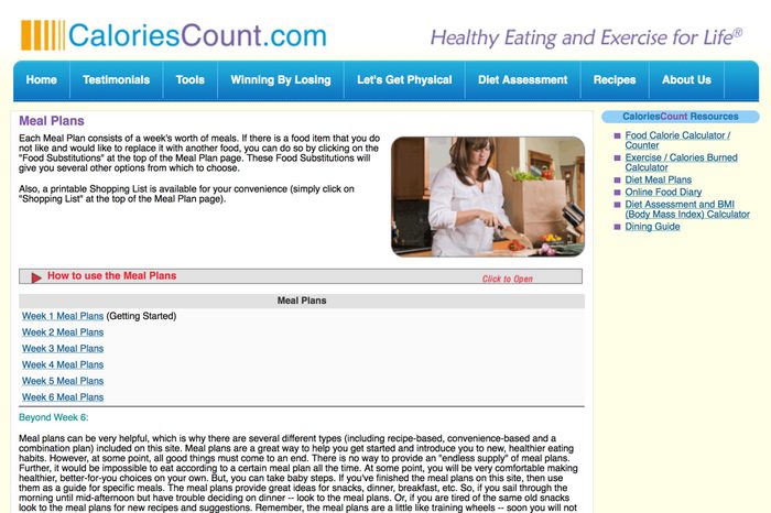 Meal planning page for CaloriesCount.com