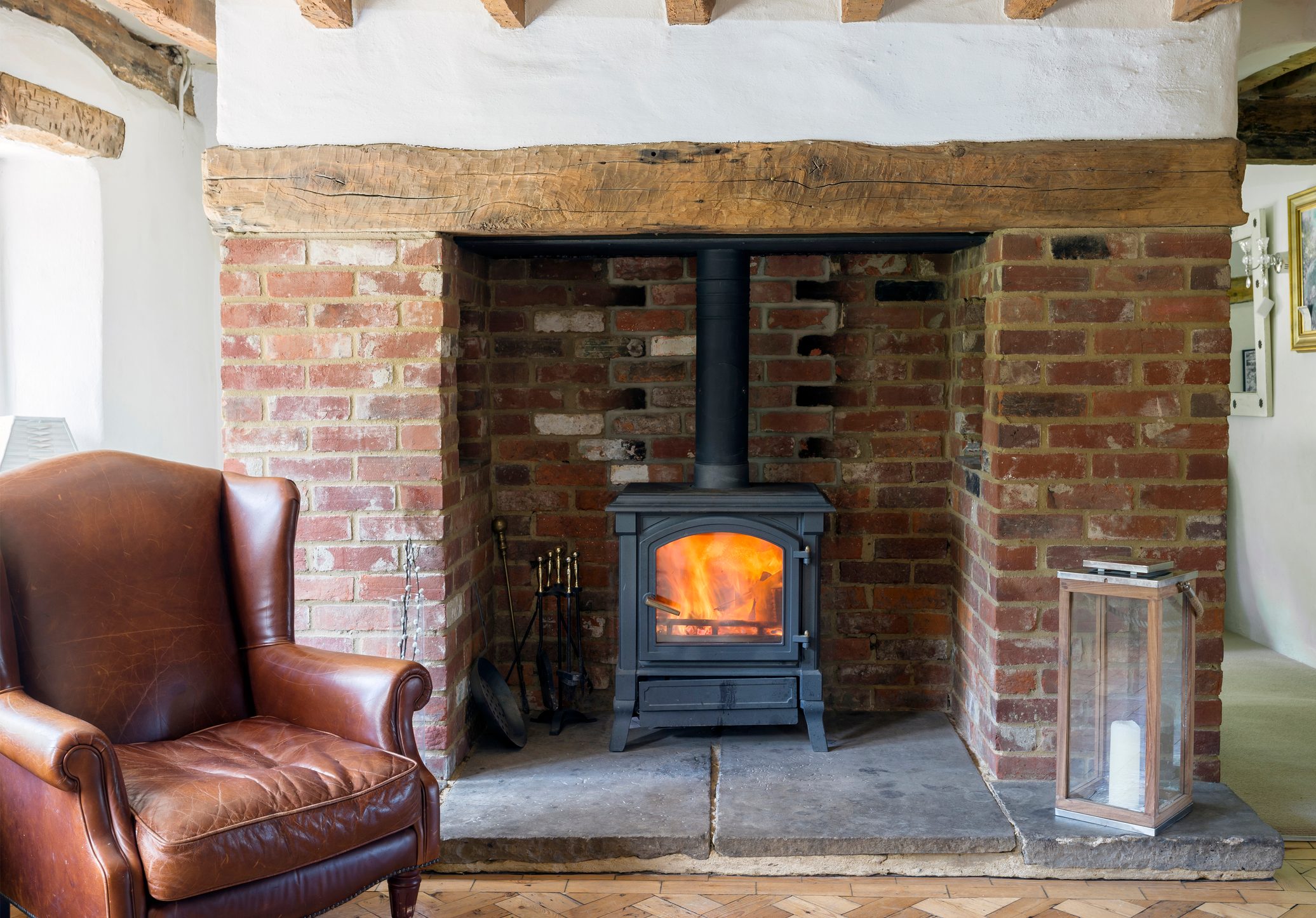 wood burning stove in living room of home