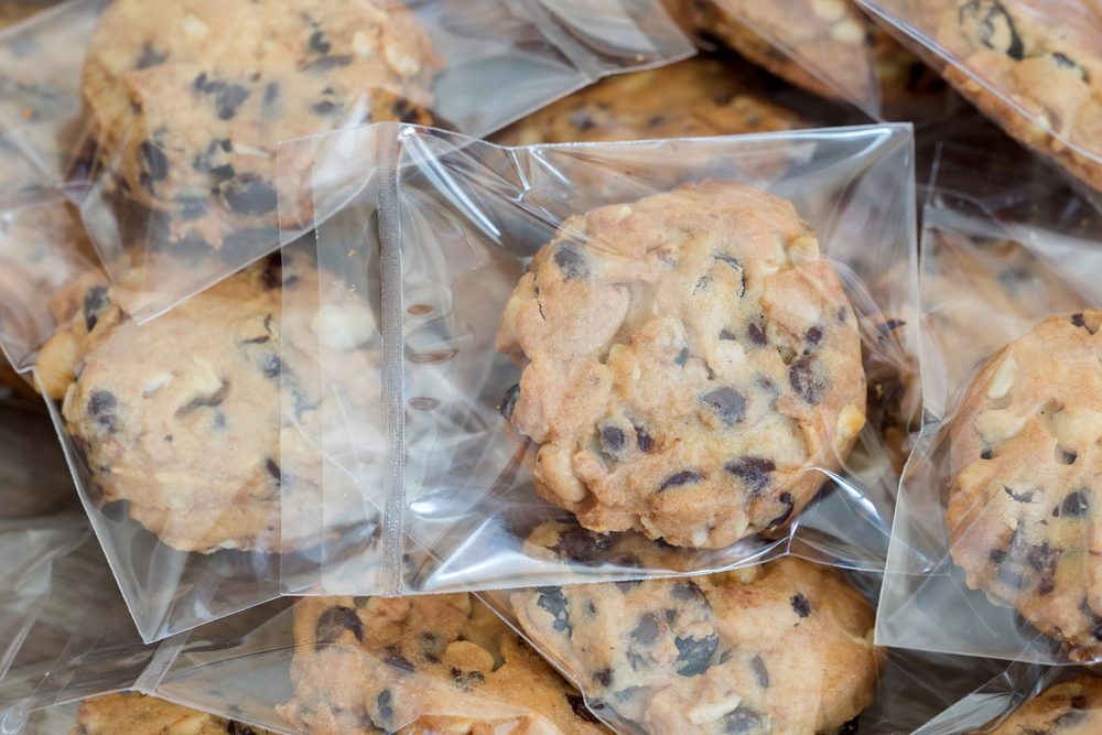 Chocolate chips cookies in plastic wrap packaging.