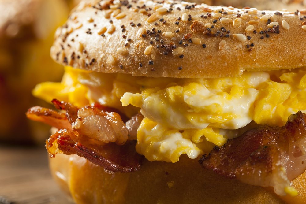 Hearty Breakfast Sandwich on a Bagel with Egg Bacon and Cheese