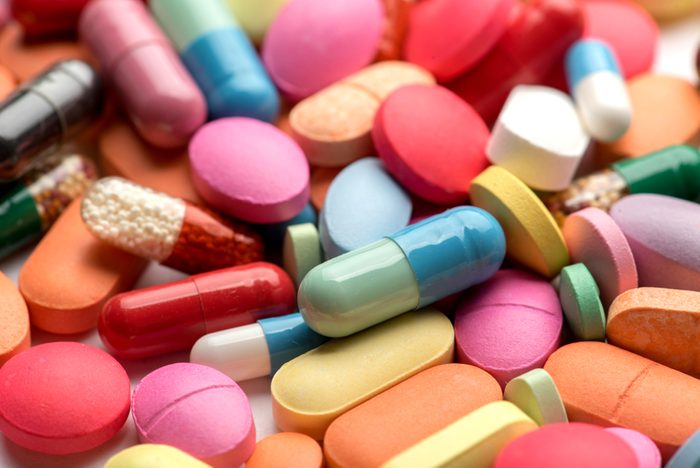 Pharmacy theme. Multicolored Isolated Pills and Capsules