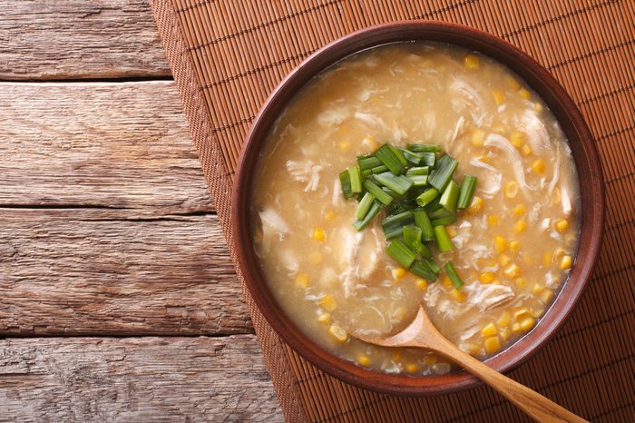 Chinese corn and chicken soup in a bowl 