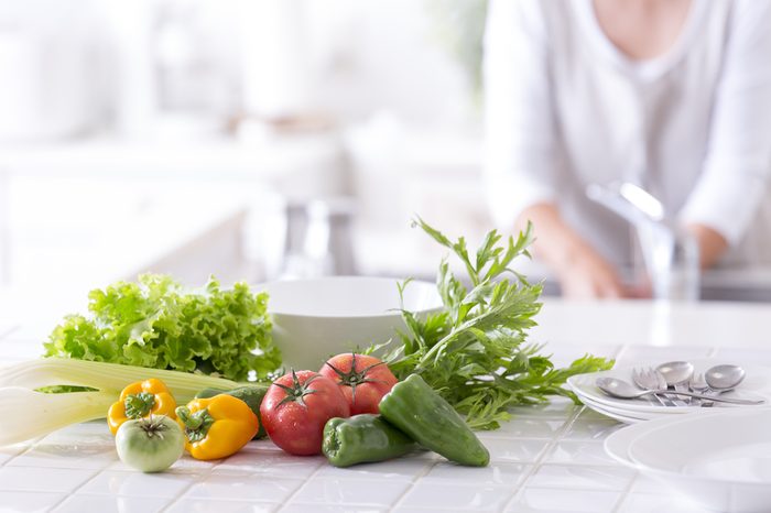 Vegetables on a kitchen counter.