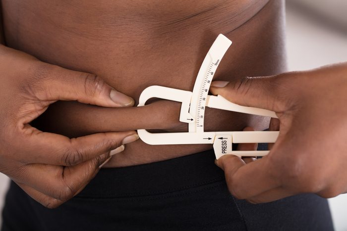 Close-up Off A Human Hand Measuring Stomach Fat With Caliper