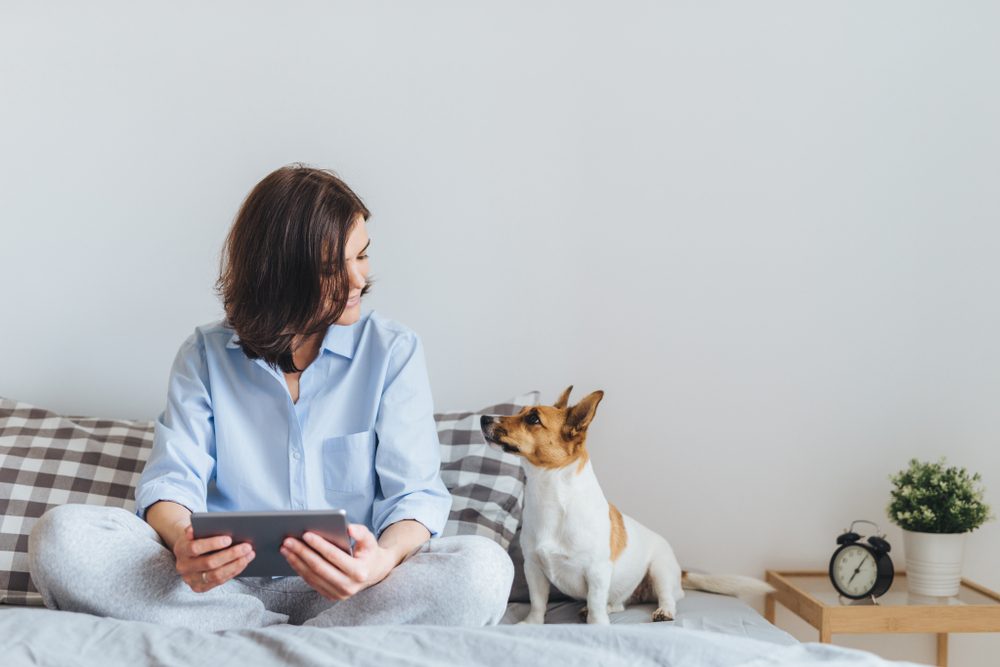 woman with laptop sits on bed with dog