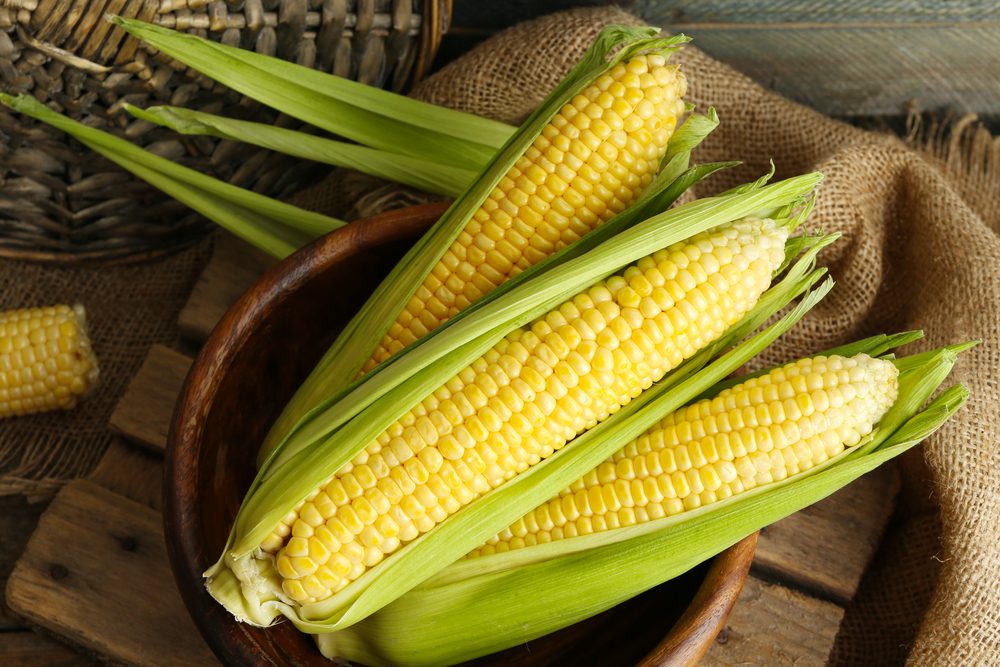 Fresh corn on cobs on wooden table, closeup