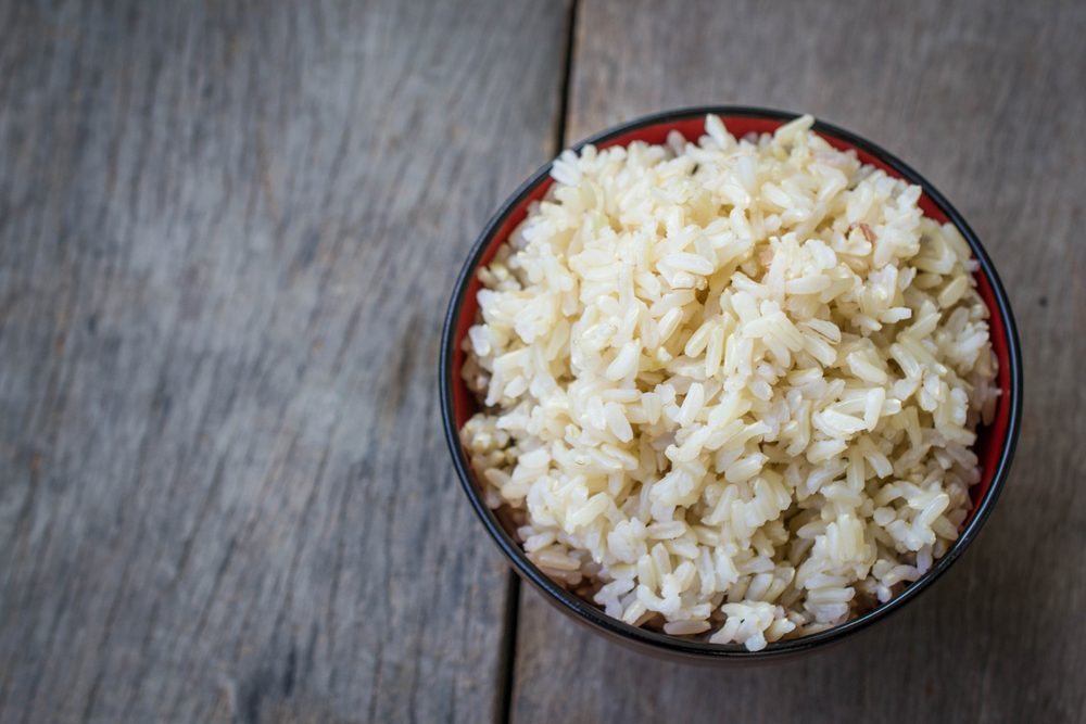 Cooked brown rice in a bowl