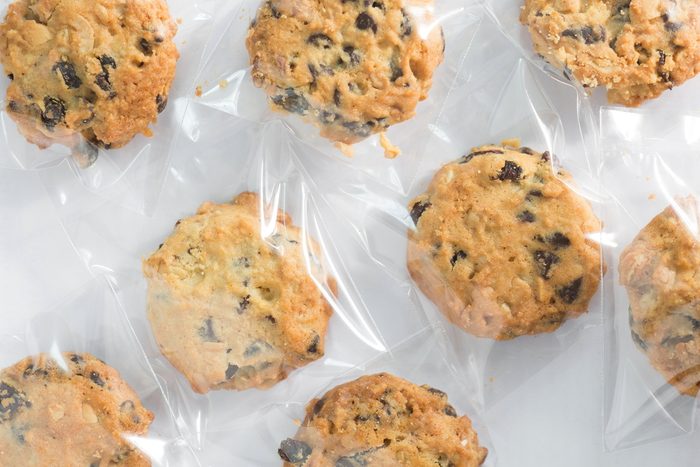 Cookie in plastic wrap packaging.