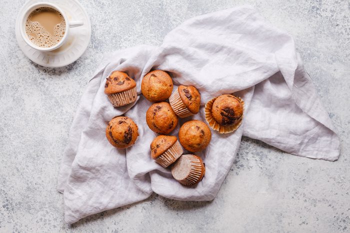 Basic muffin recipe. Banana chocolate oatmeal chip baked muffin cake overhead