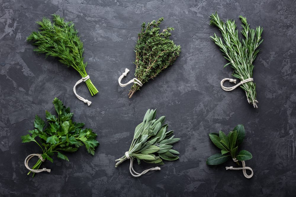 fresh herbs on dark stone background