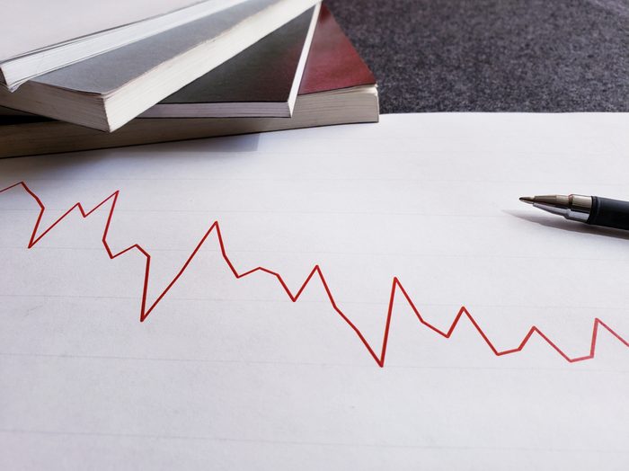 graph with red line and downward trend, stacked books and a pen on the table