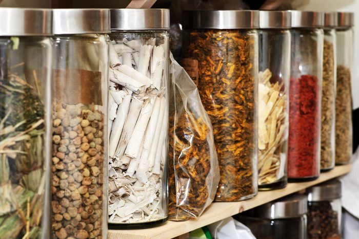 Traditional chinese medicine herbs and remedies in jars