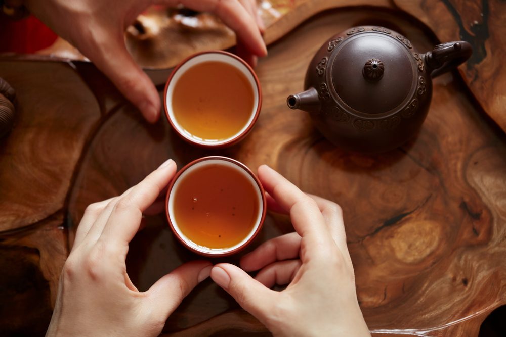 Top view tea set a wooden table for tea ceremony background. 